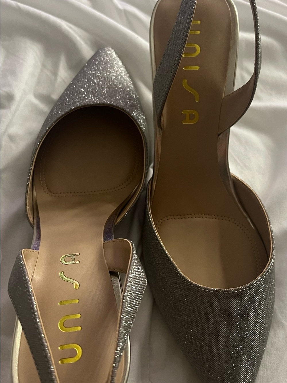 Unisa Silver Glitter Pointed Slingback Heels